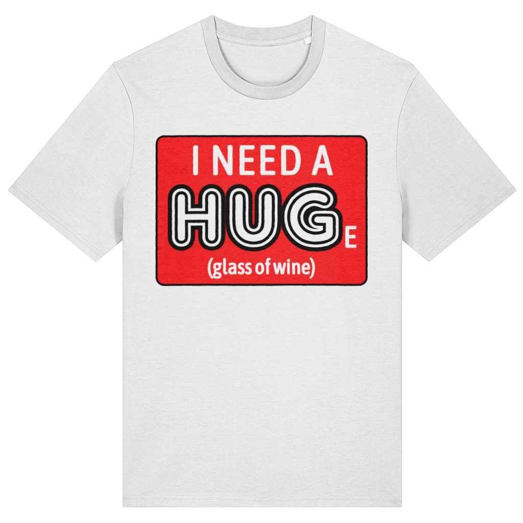 White t-shirt with a red and black graphic and text on a white background