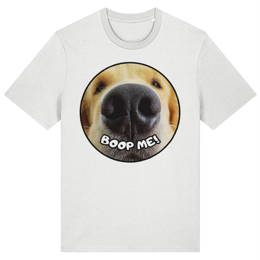 White t-shirt with a dog's nose graphic and 'Boop Me!' text on a white background