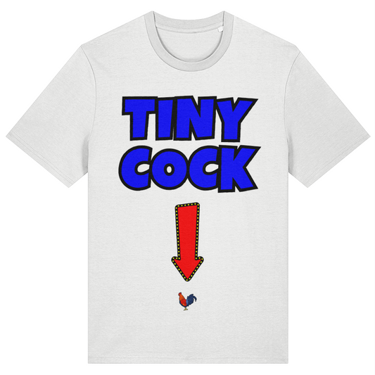 White t-shirt with 'TINY COCK' text and red arrow graphic on a white background
