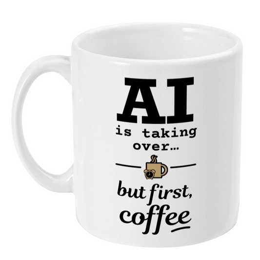 White mug with humorous text design on a white background