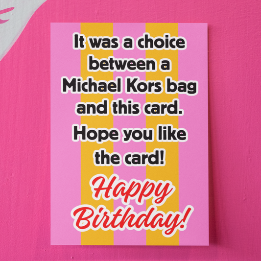 Birthday card with humorous text on a pink background