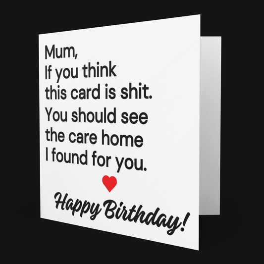 Birthday card with humorous text on a black background