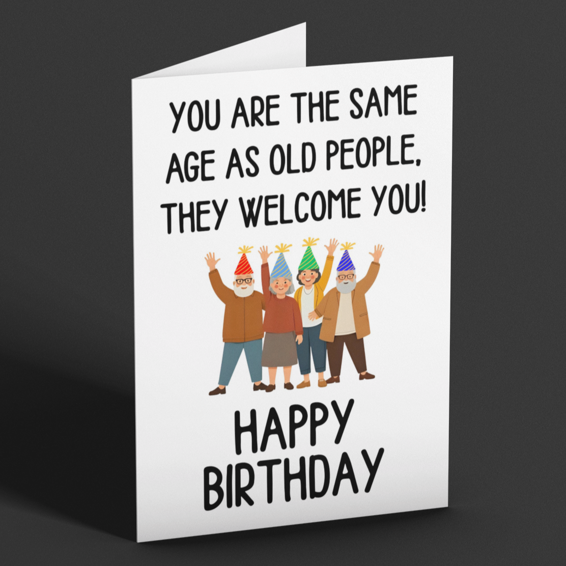 Birthday card with humorous text and cartoon characters on a dark background