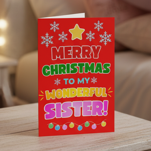 A red Christmas greeting card with colorful text reading 'MERRY CHRISTMAS TO MY WONDERFUL SISTER!' and snowflake and star graphics, standing on a pink background.