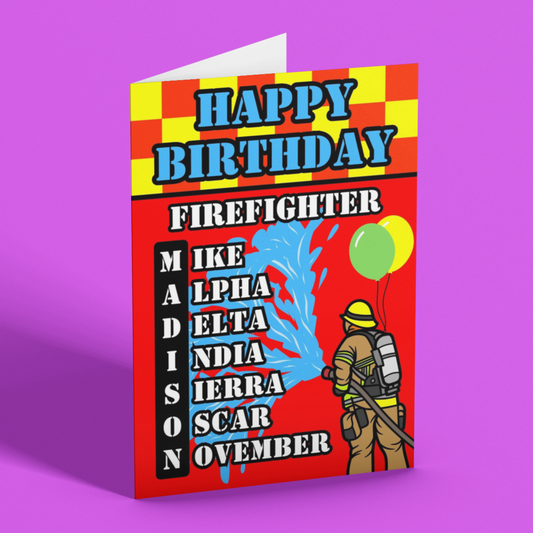 Personalised Firefighter Phonetic Alphabet Birthday Card