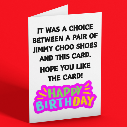 Birthday card with humorous text on a red background