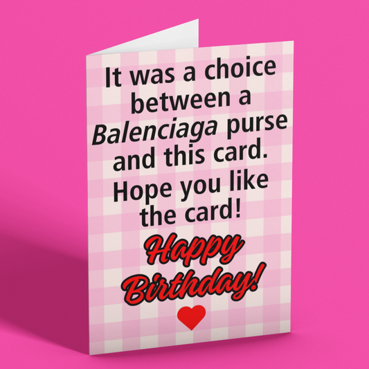 Birthday card with humorous text on a pink background