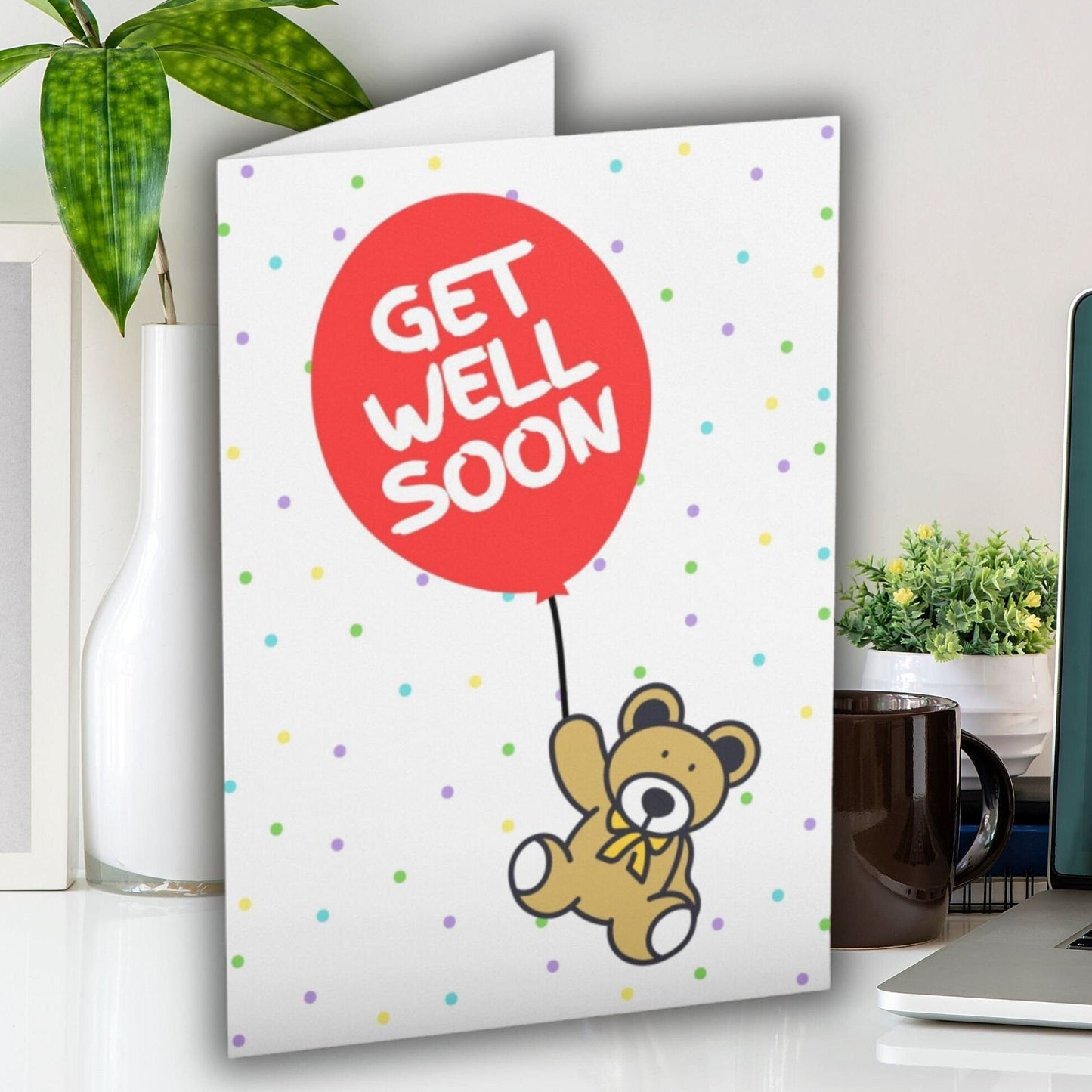 Get Well Soon, Bear Balloon Card - Click Of A Button Prints