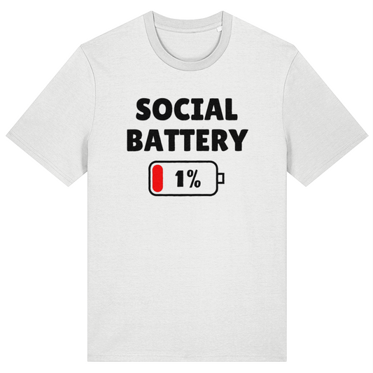 A white short-sleeve crewneck t-shirt featuring a black graphic that reads 'SOCIAL BATTERY' above a 1% battery icon with a red fill, shown on a plain white background.