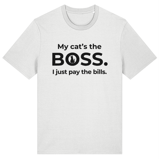 White t-shirt with black text 'My cat's the BOSS. I just pay the bills.' on a white background