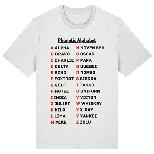 White t-shirt with Phonetic Alphabet text design on a white background