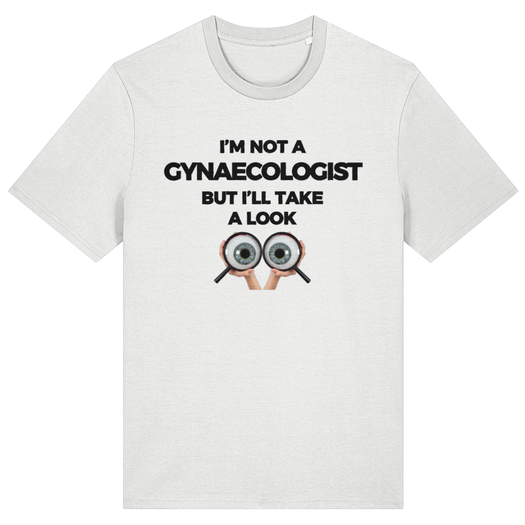 White t-shirt with humorous text and eye diagram on a white background