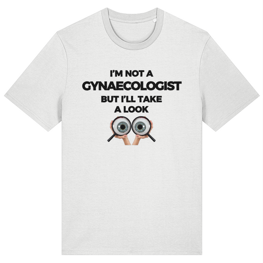 White t-shirt with humorous text and eye diagram on a white background