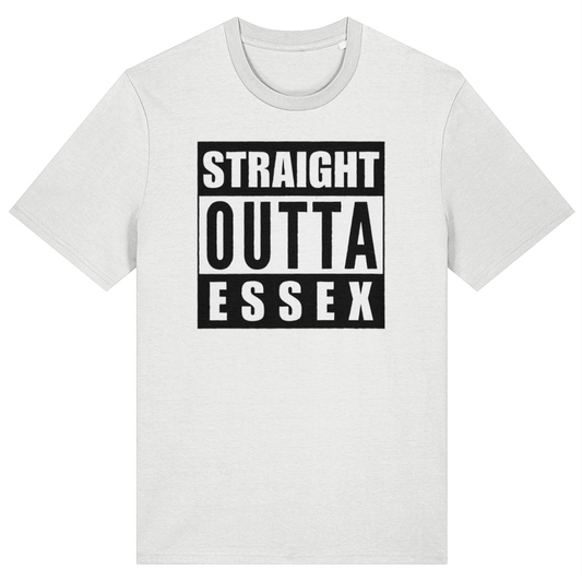 White t-shirt with 'Straight Outta Essex' text on a white background