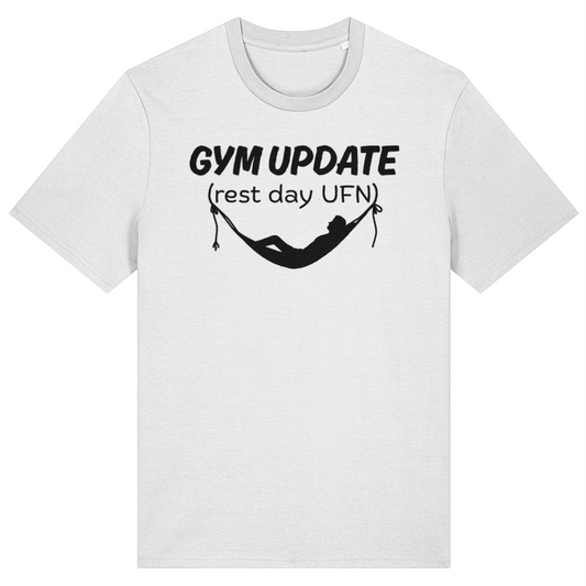 White t-shirt with black text and graphic on a white background