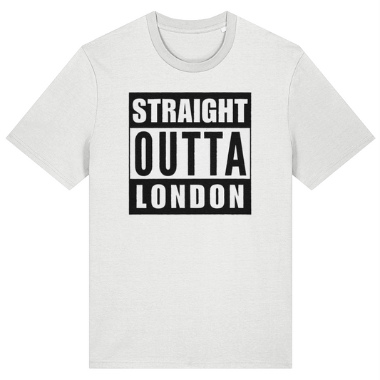 White t-shirt with 'Straight Outta London' text on a white background