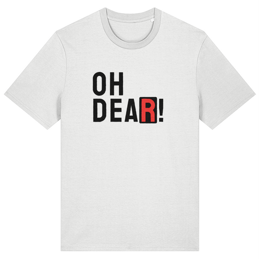 White t-shirt with 'OH DEAR!' text on a white background