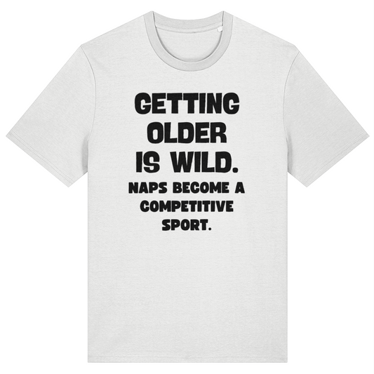 White t-shirt with black text on a white background