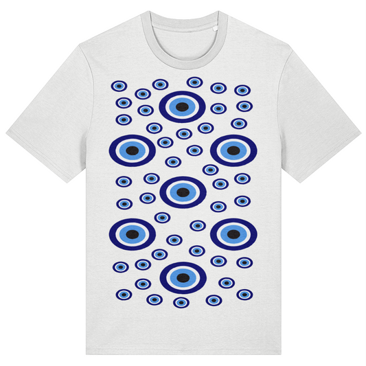 White t-shirt with blue circular pattern on a white background
