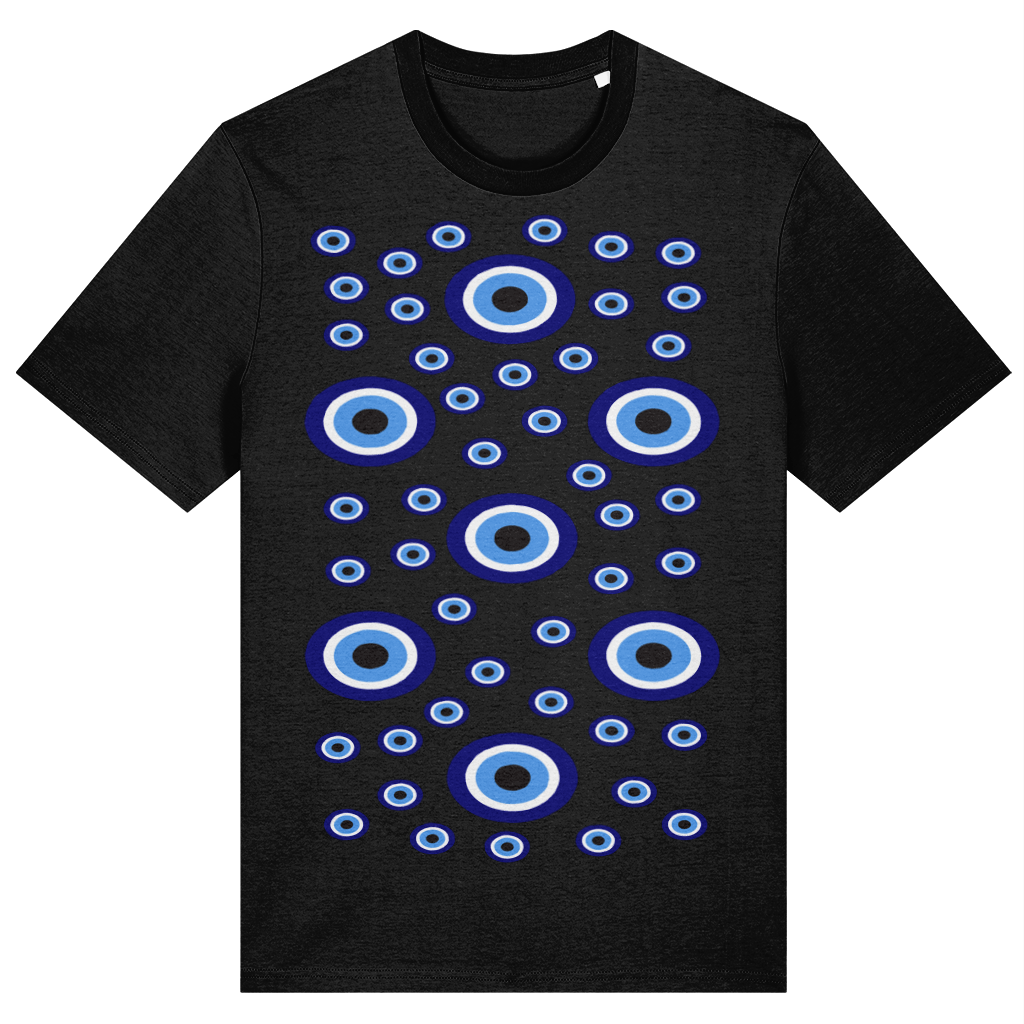 Black t-shirt with blue and white circular pattern on a white background