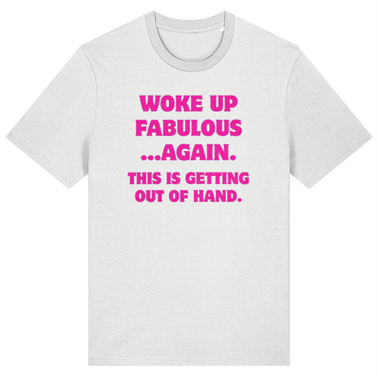 White t-shirt with pink text on a white background