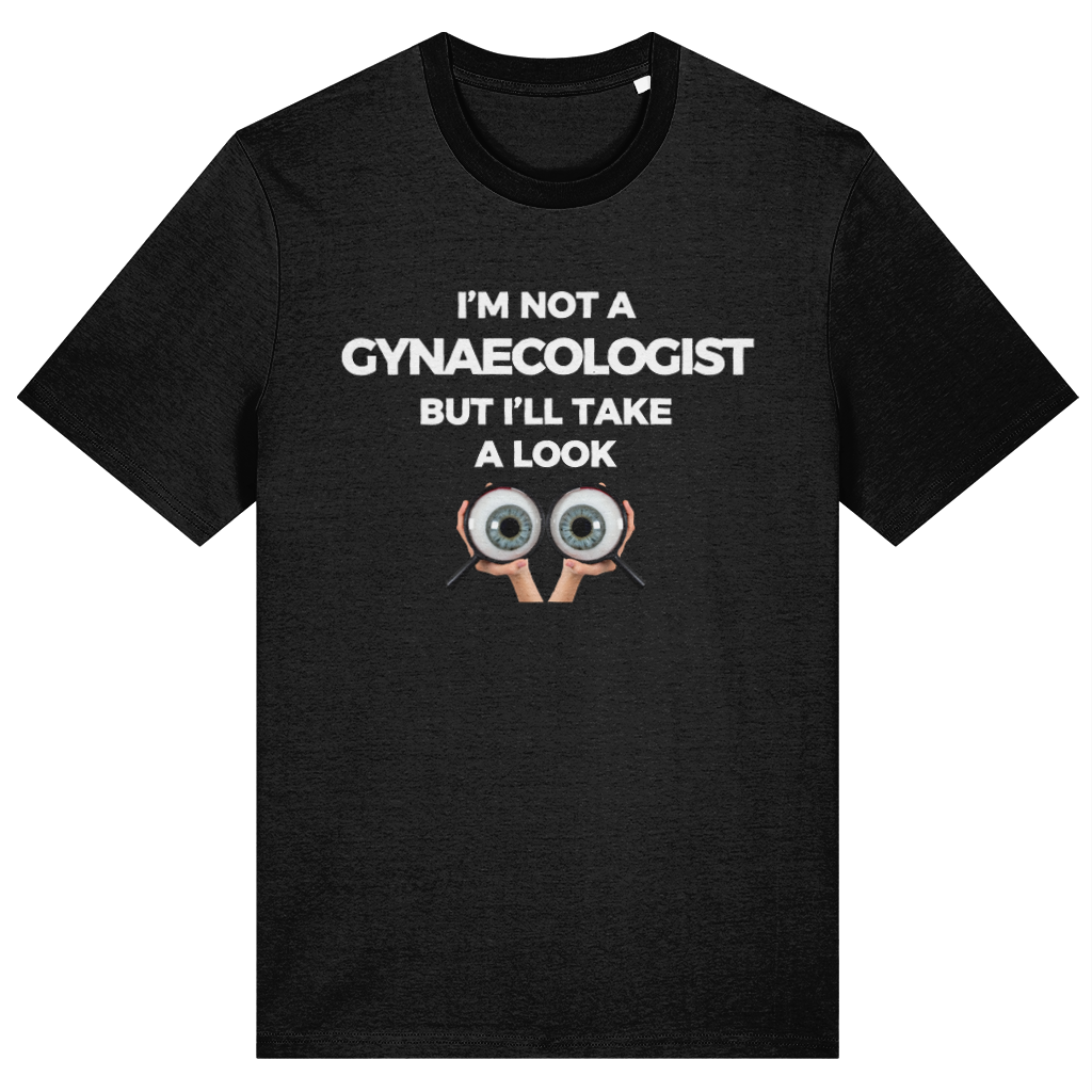 Black t-shirt with humorous text and cartoon eyes design on a white background
