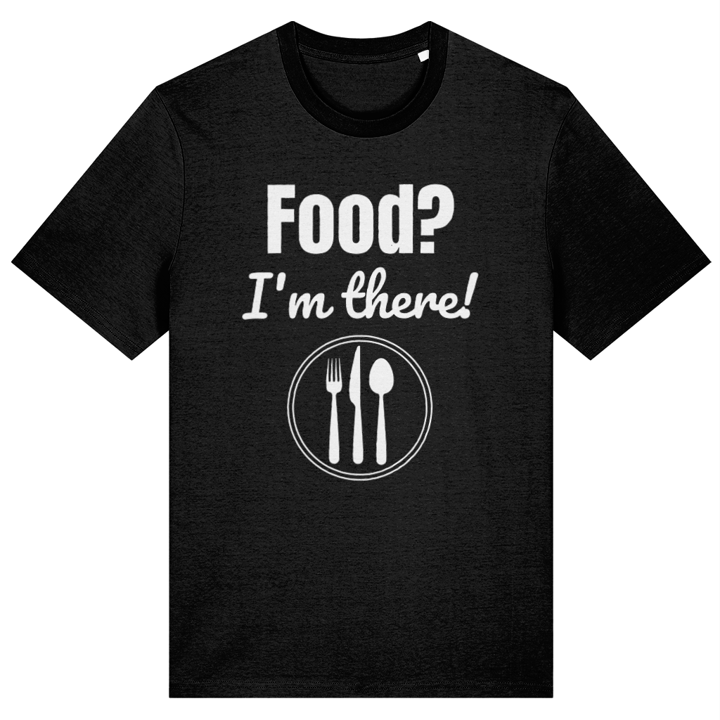Black t-shirt with 'Food? I'm there!' text and utensil icons on a white background
