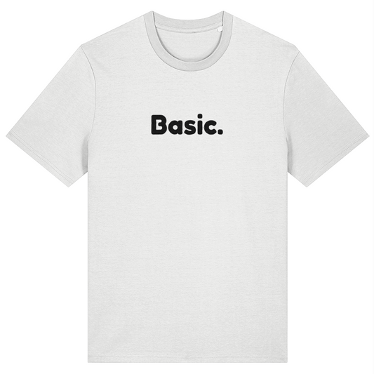 White t-shirt with 'Basic.' text on a white background