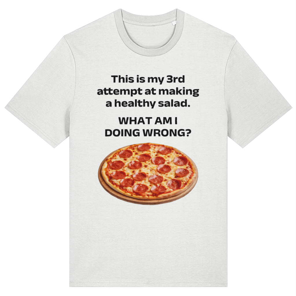 White t-shirt with a pizza graphic and humorous text on a white background