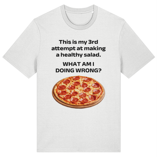 White t-shirt with a pizza graphic and humorous text on a white background
