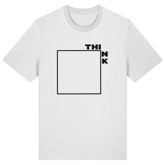 White t-shirt with 'THINK' and a box graphic design on a white background