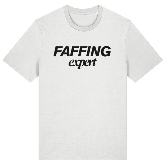 White t-shirt with 'FAFFING expert' text on a white background