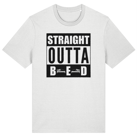 White t-shirt with black text 'STRAIGHT OUTTA BED' on a white background
