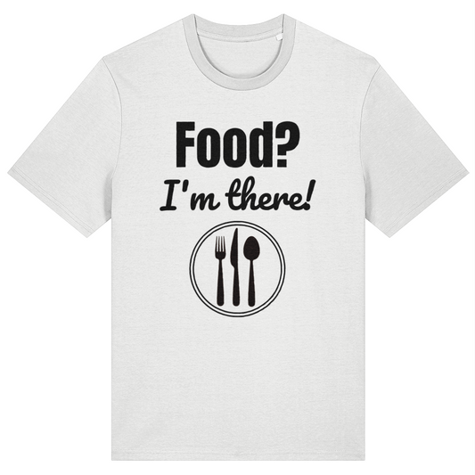 White t-shirt with 'Food? I'm there!' text and utensil icons on a white background