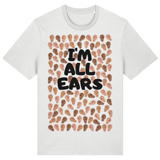 White t-shirt with 'I'm All Ears' design featuring small ear illustrations on a white background