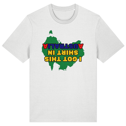White t-shirt with a colorful map of Australia and text on a white background