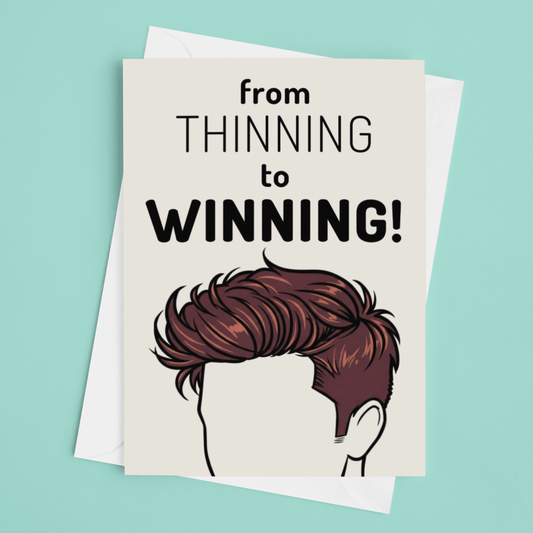 Card with illustration of a person with thinning hair and text 'from thinning to winning' on a light blue background