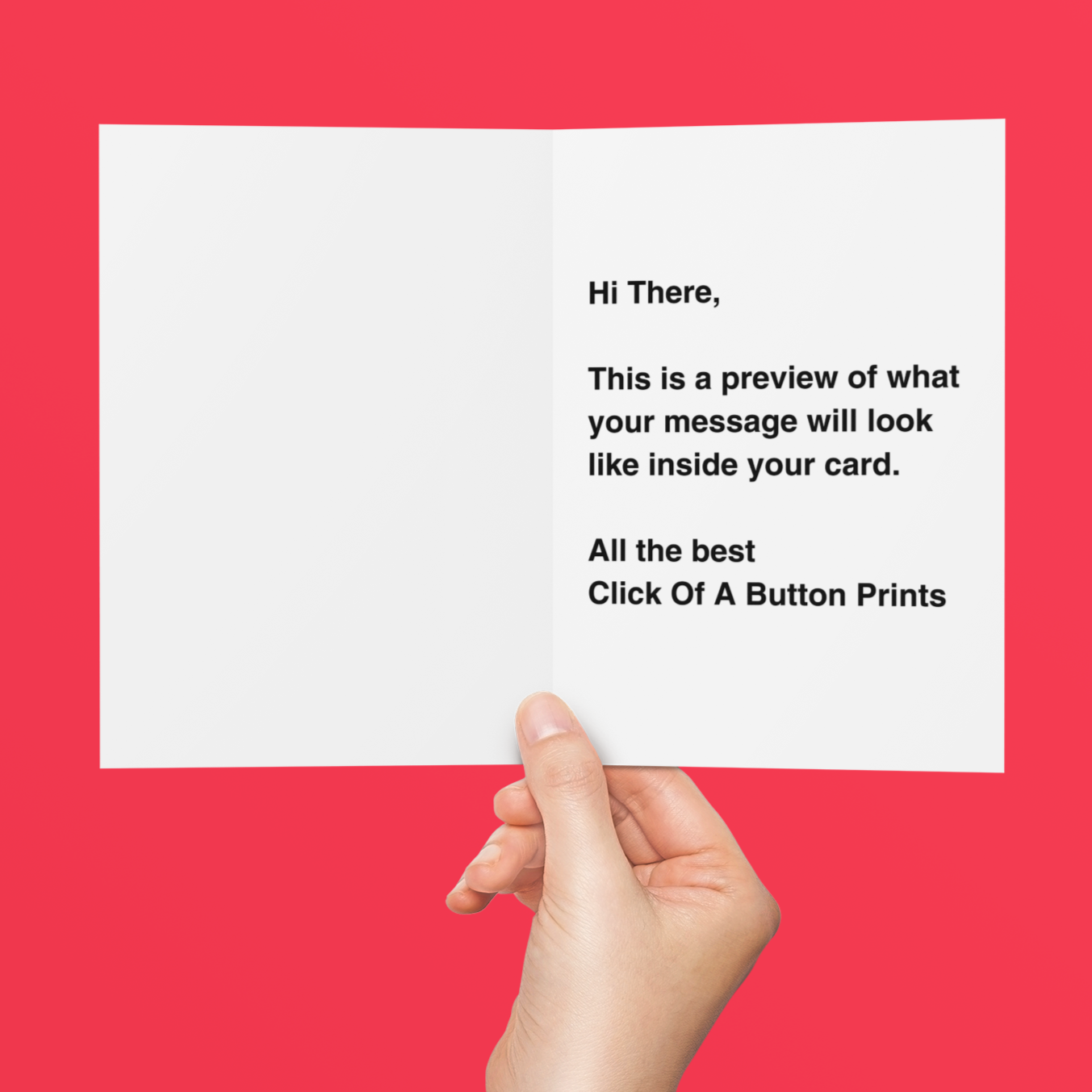 Hand holding a card with text on a red background