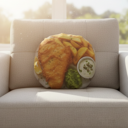 A round novelty pillow printed with a fish and chips meal, resting on a light beige armchair in front of a bright window.