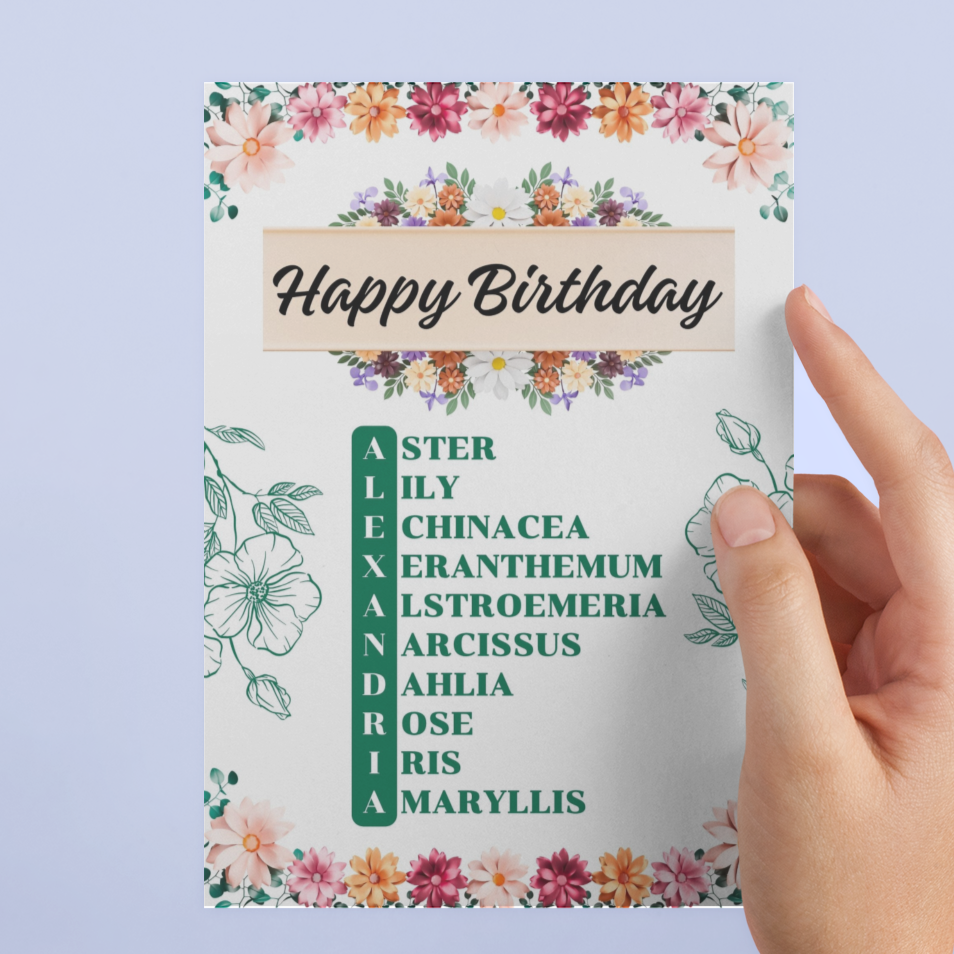 Personalised Name And Flower Happy Birthday Card
