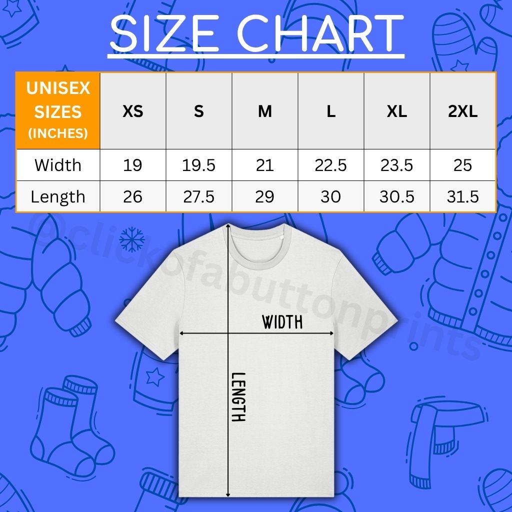 Size chart for t-shirts with measurements on a blue background