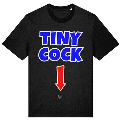 Black t-shirt with 'TINY COCK' text and red arrow on a white background