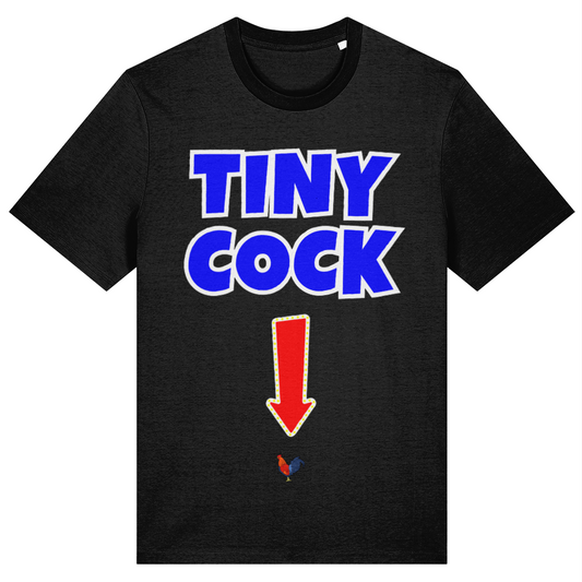 Black t-shirt with 'TINY COCK' text and red arrow on a white background