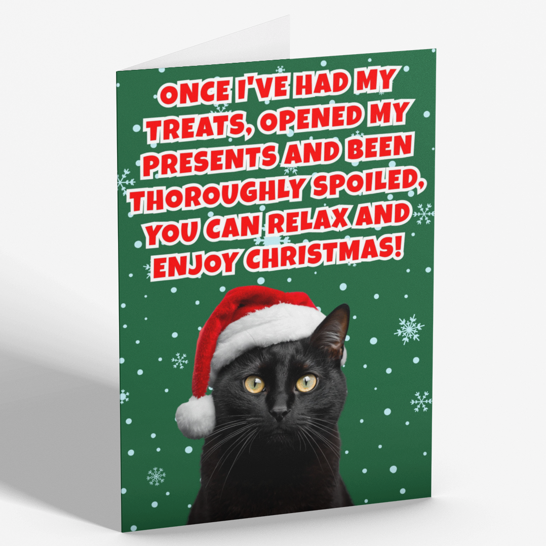 A Christmas greeting card featuring a black cat in a red Santa hat against a green snowy background, with bold red and white text that reads, 'Once I've had my treats, opened my presents and been thoroughly spoiled, you can relax and enjoy Christmas!' The card is shown standing upright on a light gray background.