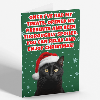 A Christmas greeting card featuring a black cat in a red Santa hat against a green snowy background, with bold red and white text that reads, 'Once I've had my treats, opened my presents and been thoroughly spoiled, you can relax and enjoy Christmas!' The card is shown standing upright on a light gray background.