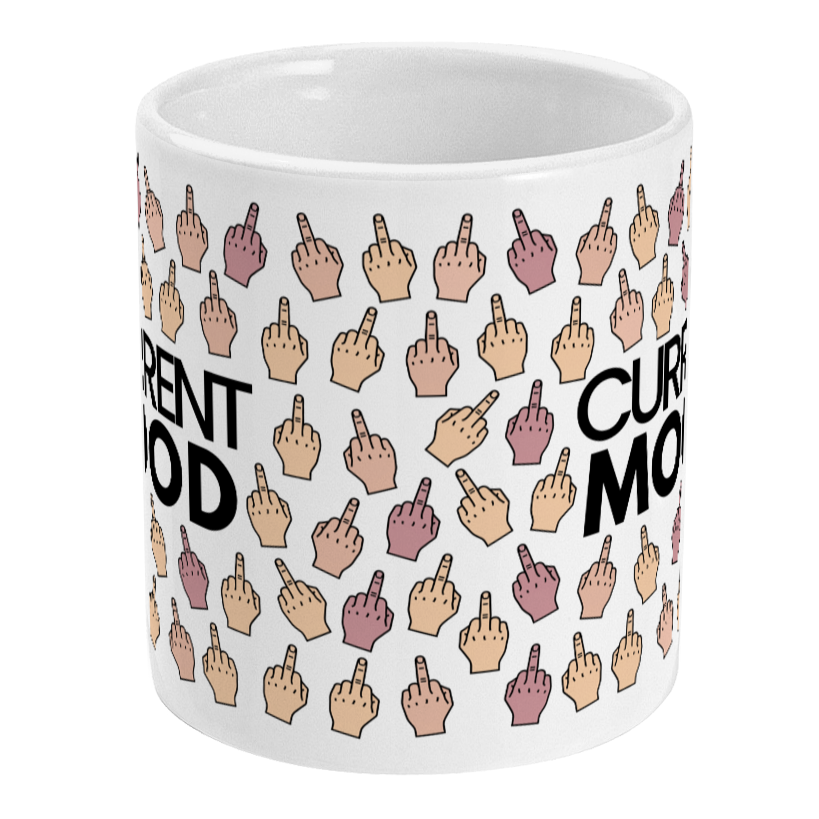 White mug with middle finger hand gestures and text on a white background