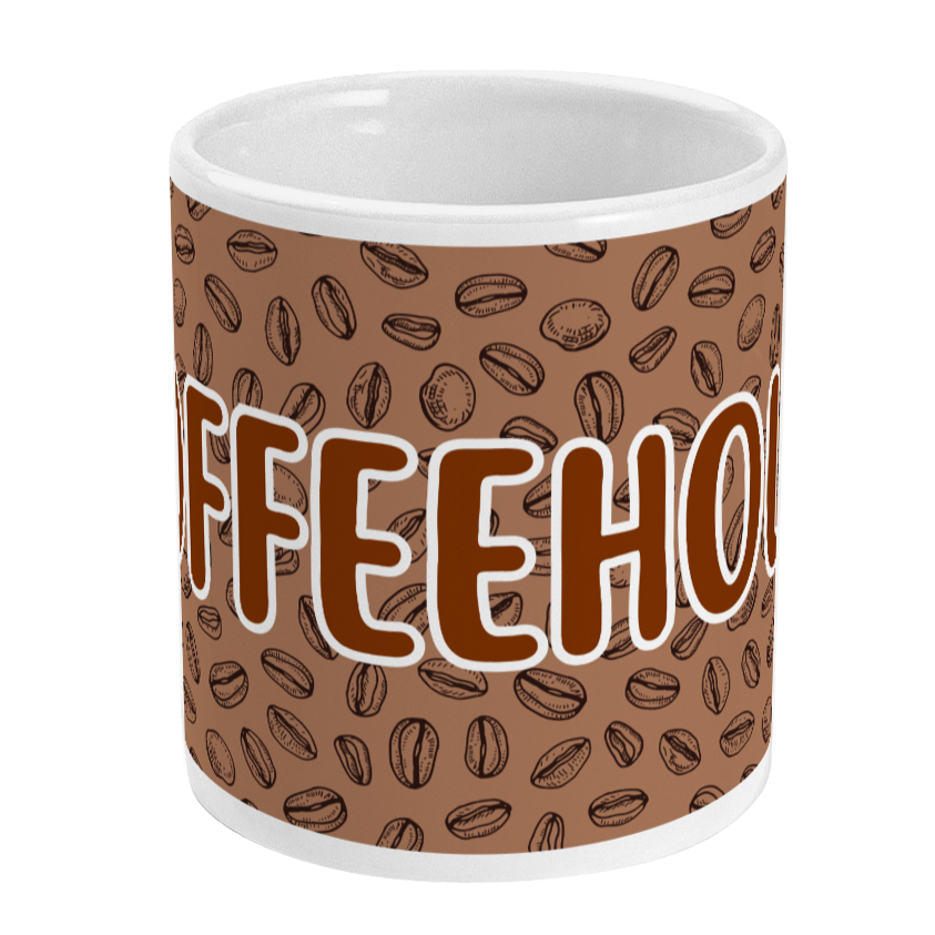 Mug with coffee bean pattern and 'COFFEEHOLIC' text on a white background