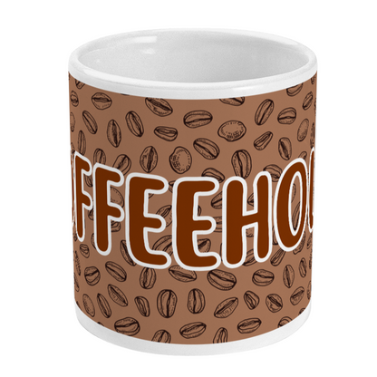 Mug with coffee bean pattern and 'COFFEEHOLIC' text on a white background