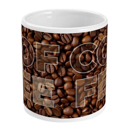 Mug with coffee bean pattern and 'Coffee' text on a white background