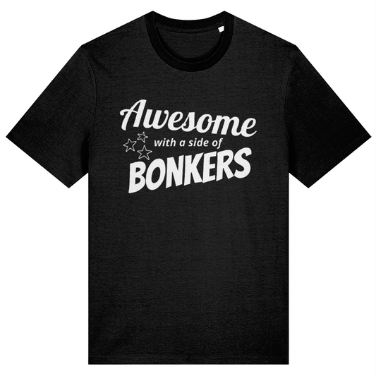 Black t-shirt with white text 'Awesome with a side of bonkers' on a white background